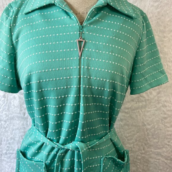 Vintage 60’s Retro Teal Polka Dot Print Abstract Belted Midi Dress Frock - Picture 2 of 14